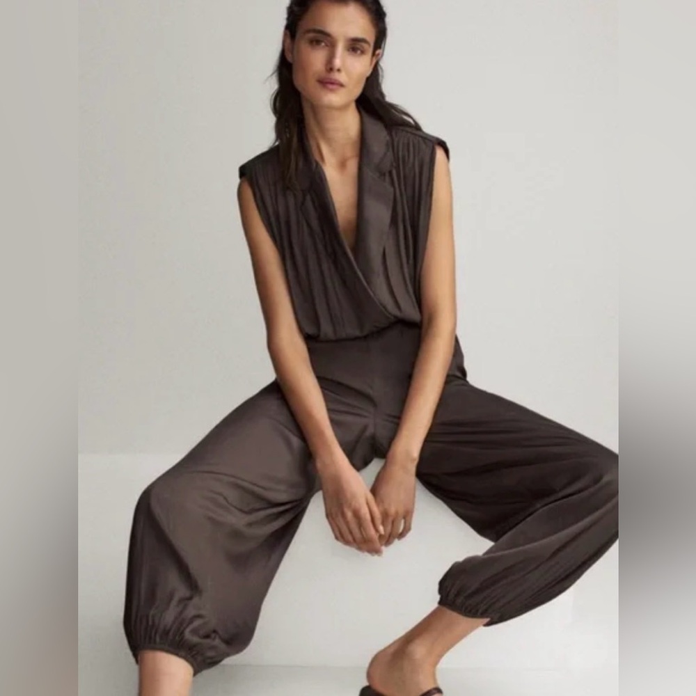 Massimo Dutti Brown Satin Pleated Jumpsuit | Sleeveless Tailored Wide Leg | NWT